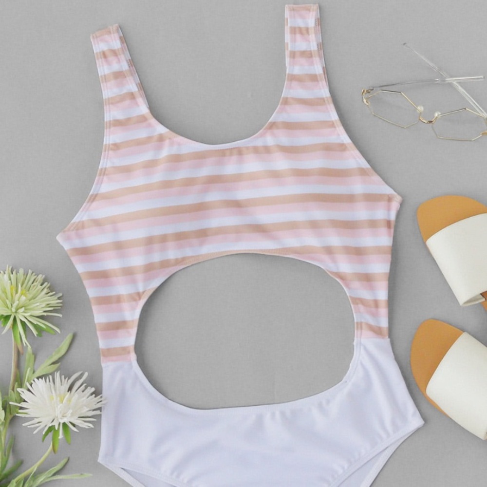 SHEIN Striped Cutout Swimsuit in GREEN+YELLOW